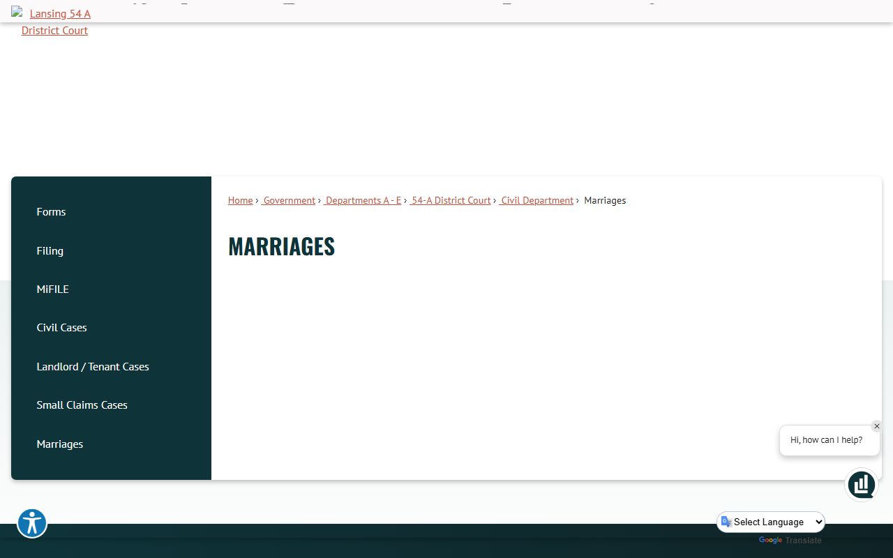 City of Lansing marriage information page with links to Ingham County Clerk