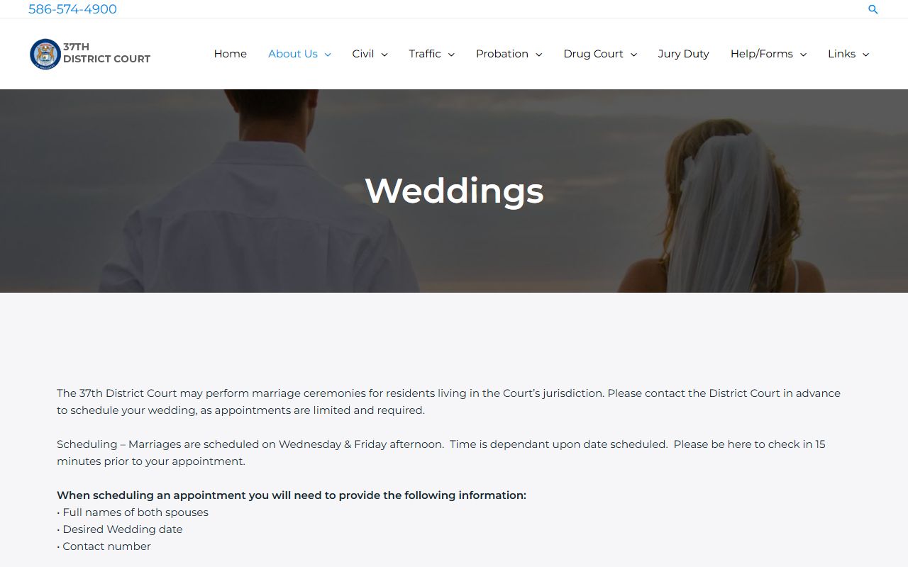 37th District Court wedding ceremonies scheduling page for Warren couples