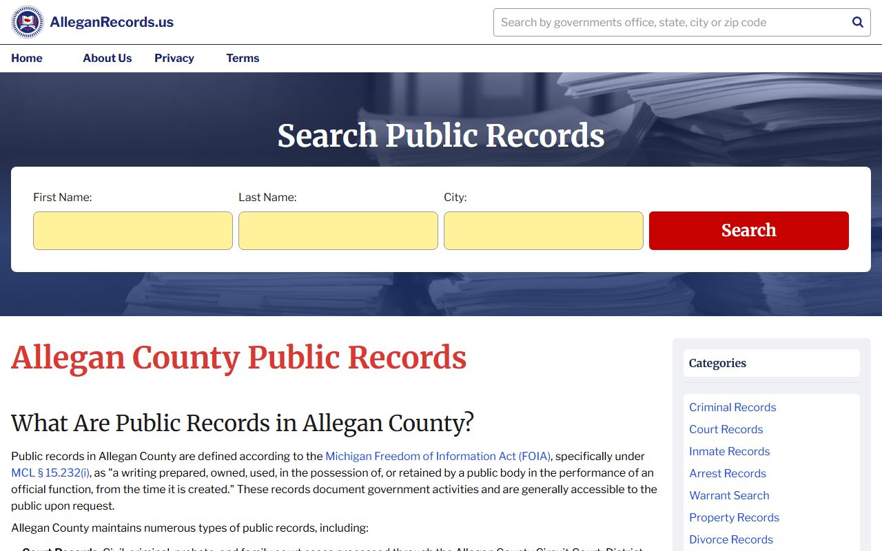 Allegan Records portal for Allegan County marriage license search