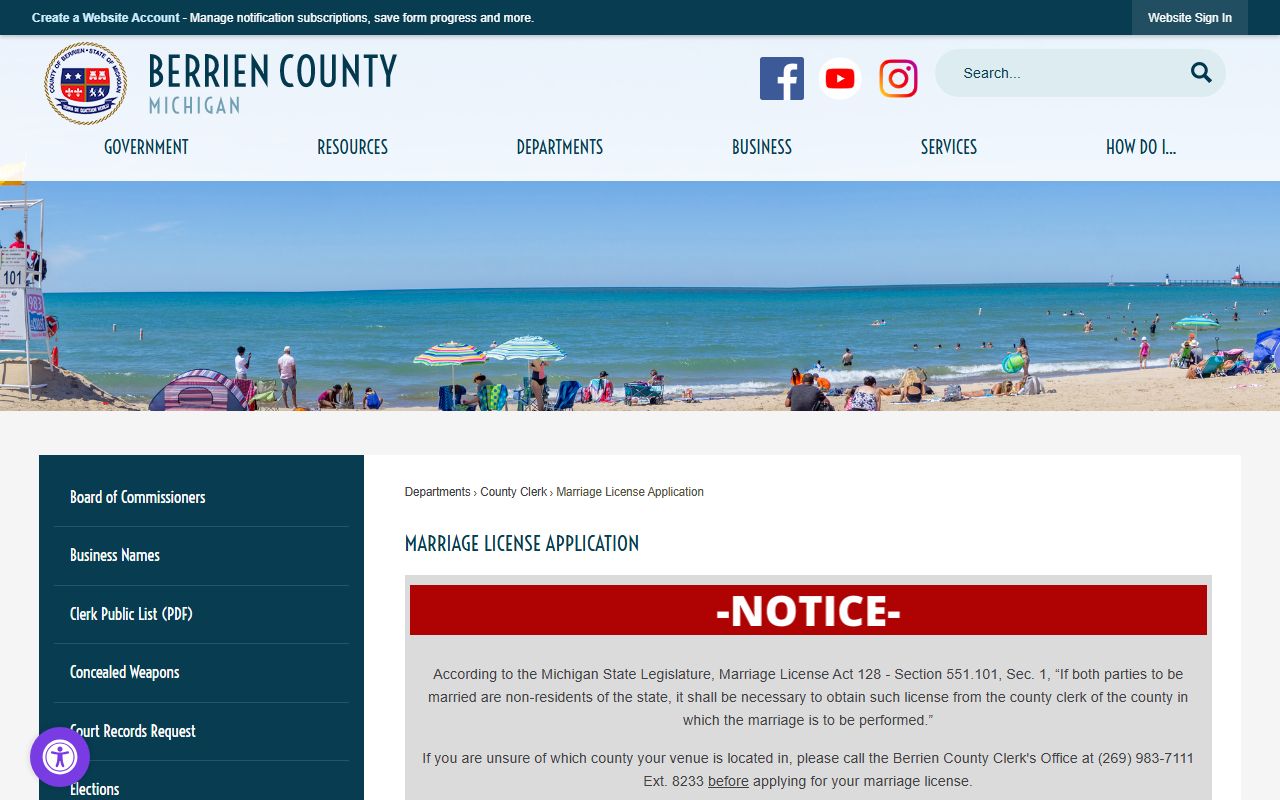 Berrien County marriage license application page showing form and requirements