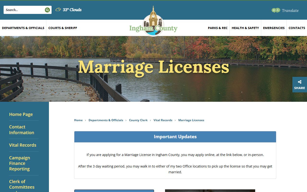 Ingham County Clerk county page showing marriage license and vital records section