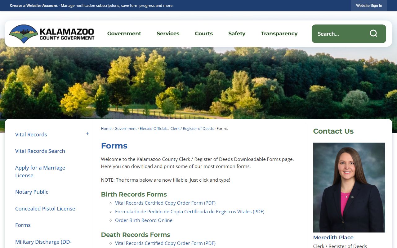 Kalamazoo County forms page with marriage license application documents