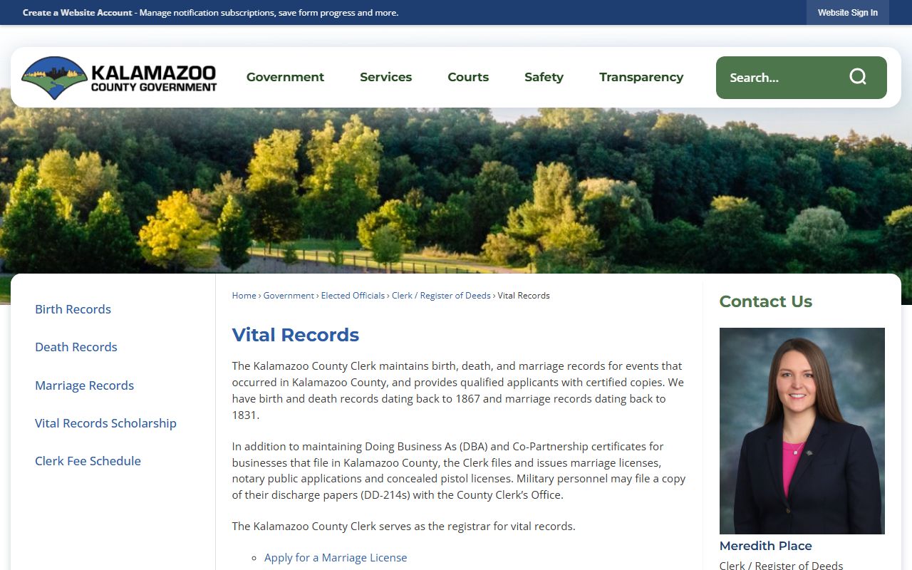 Kalamazoo County vital records page showing marriage records and certified copy options
