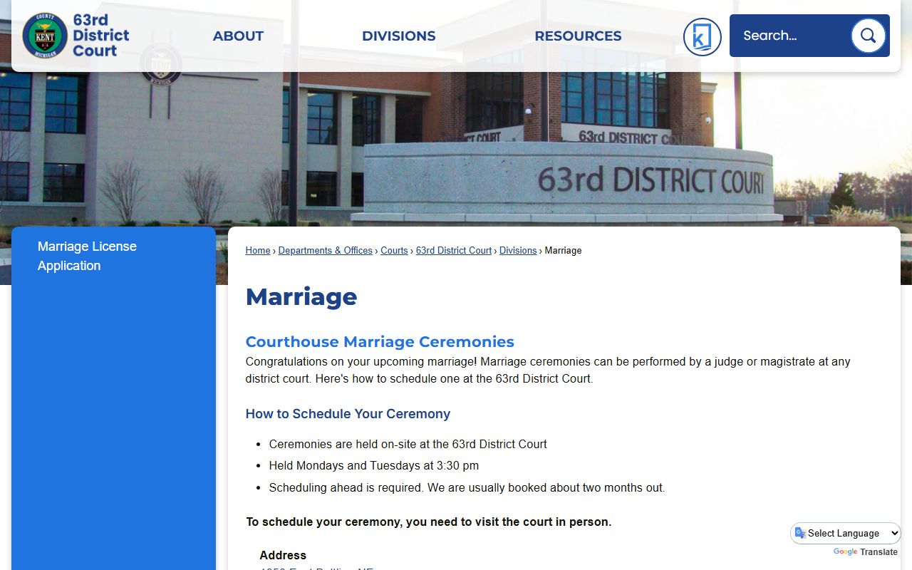 Kent County marriage ceremonies page for 61st and 63rd District Courts