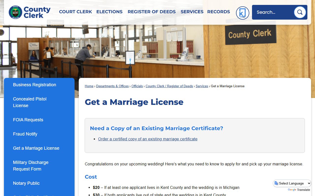 Kent County marriage license page at Kent County Michigan website