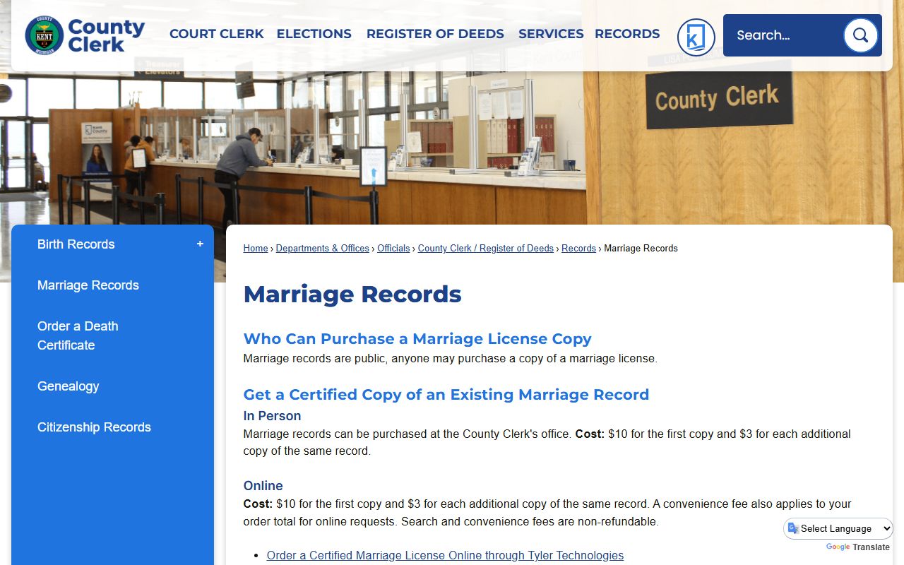 Kent County marriage records page showing certified copy ordering