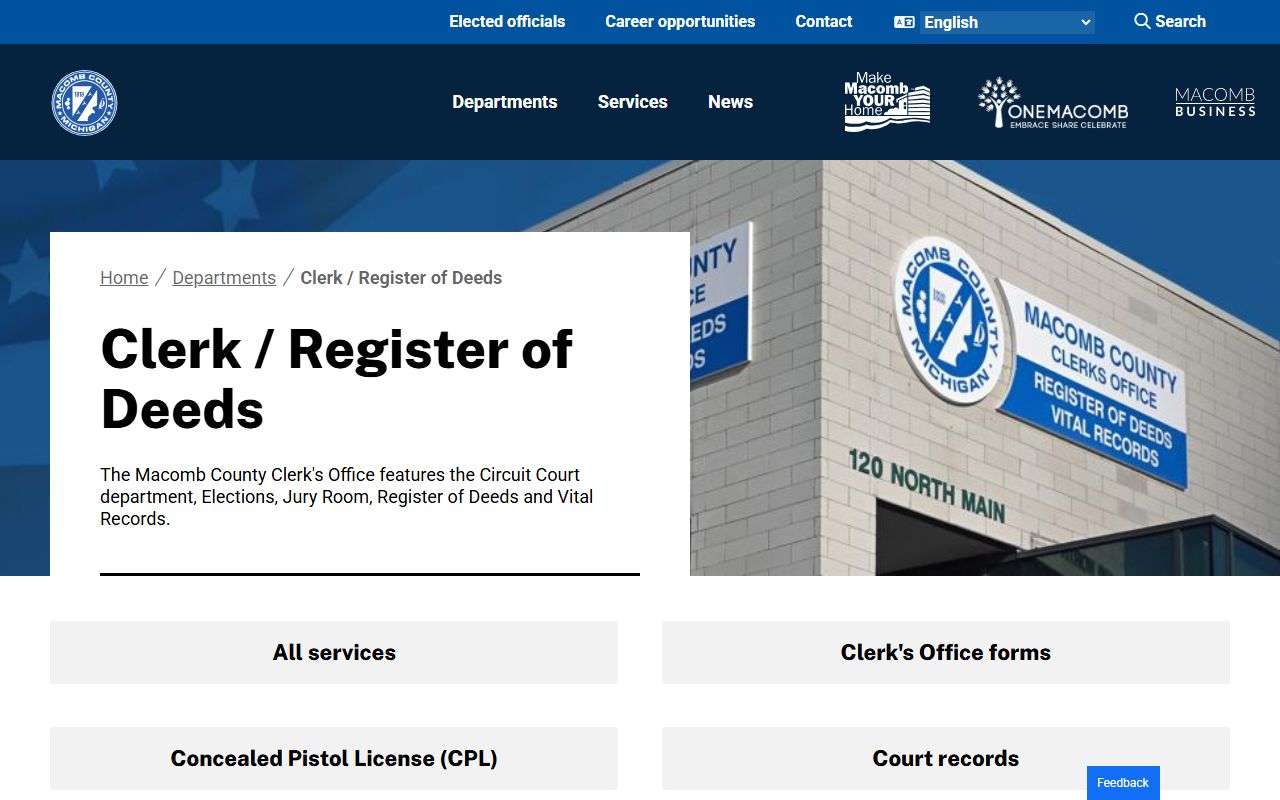 Macomb County Clerk department page for marriage license information