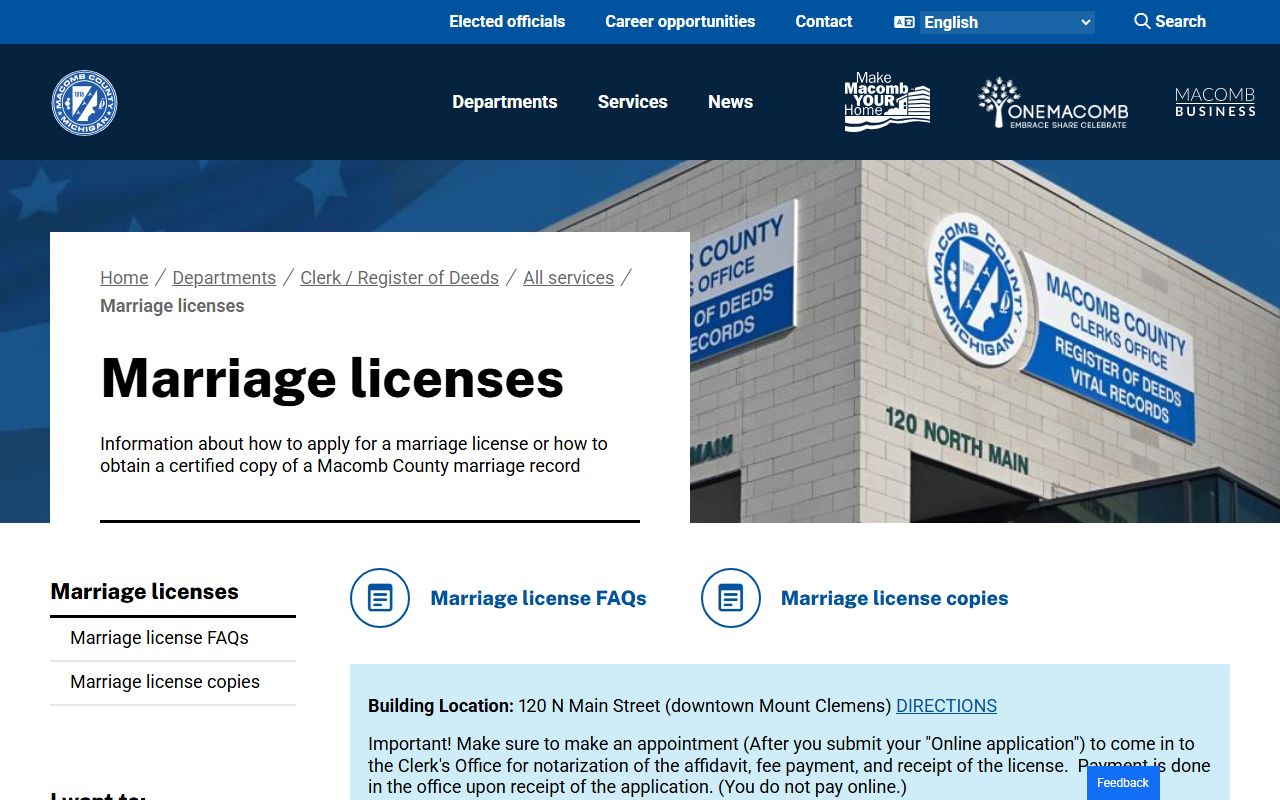 Macomb County marriage licenses page showing application and requirements