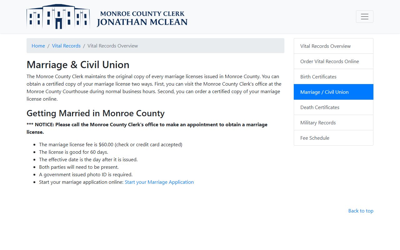 Monroe County marriage and civil unions page for Monroe County marriage license applications