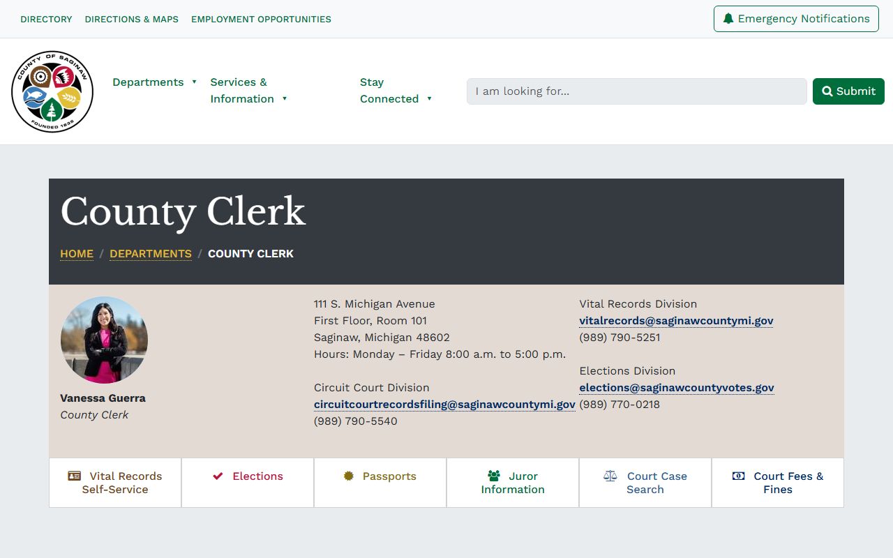 Saginaw County Clerk department page with marriage license and vital records information