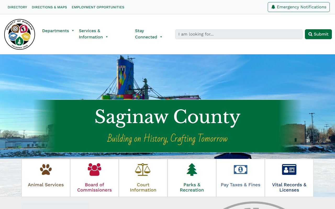 Saginaw County main website with clerk and marriage license information