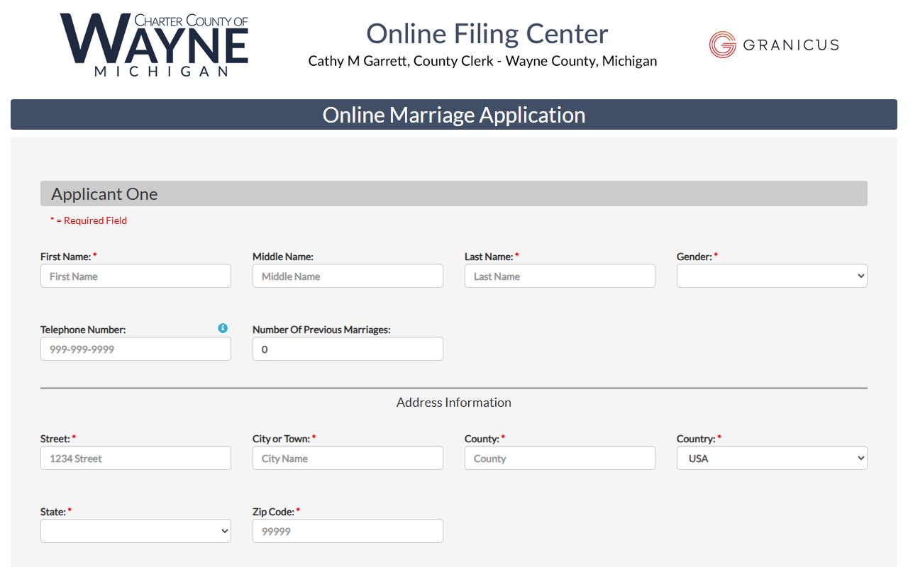 Wayne County marriage application form showing required documents