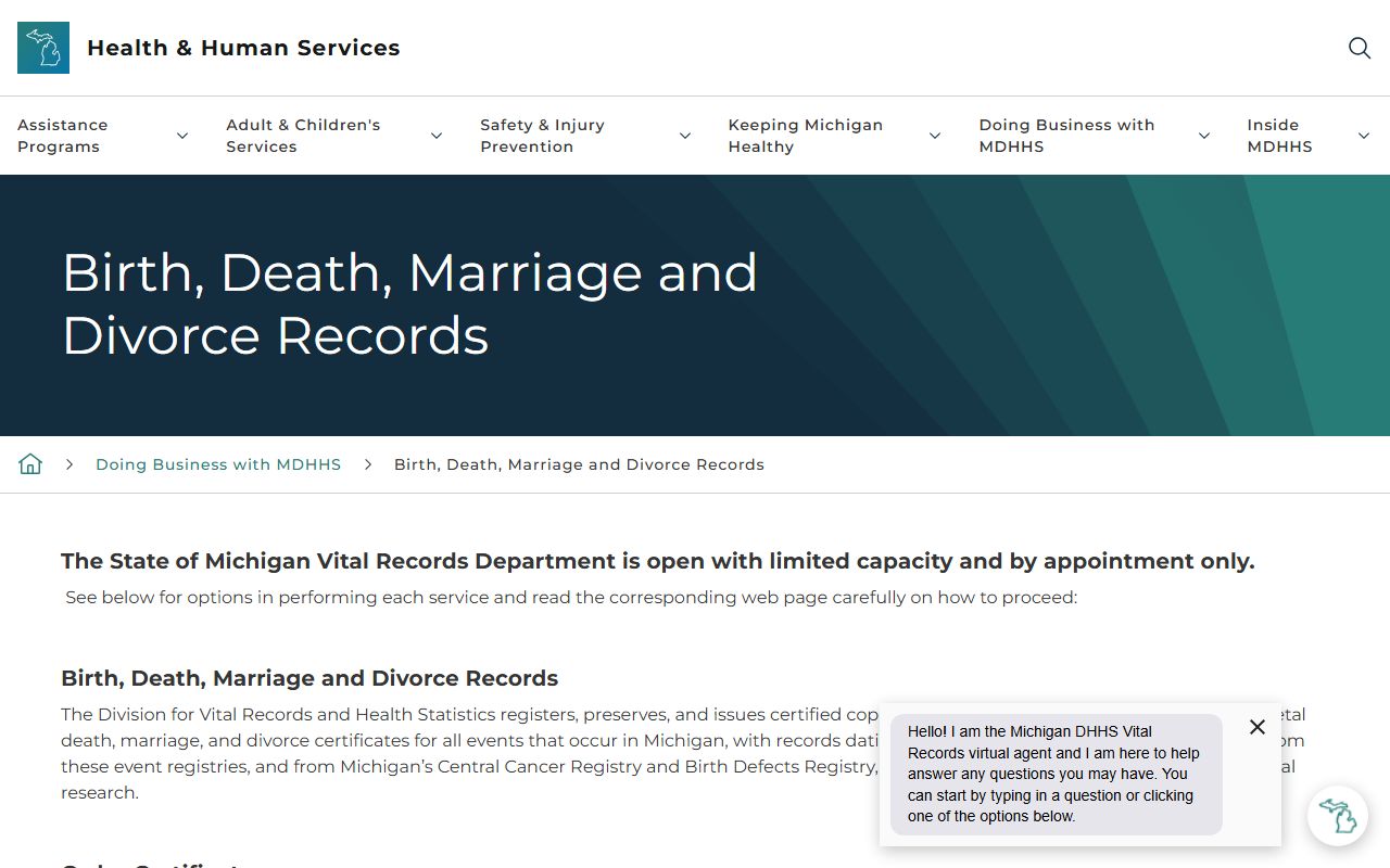 Michigan MDHHS vital records office page for marriage license and records