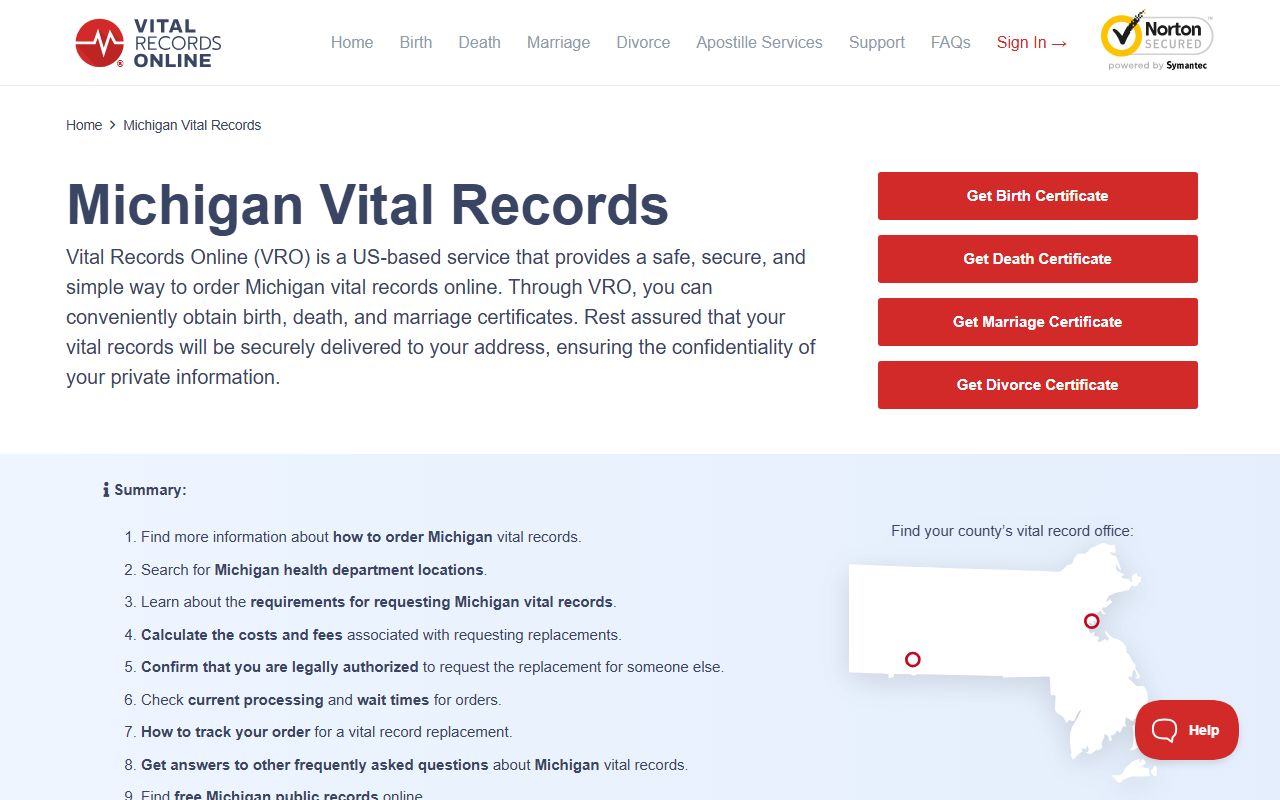 Vital Records Online Michigan page for ordering certified marriage certificates